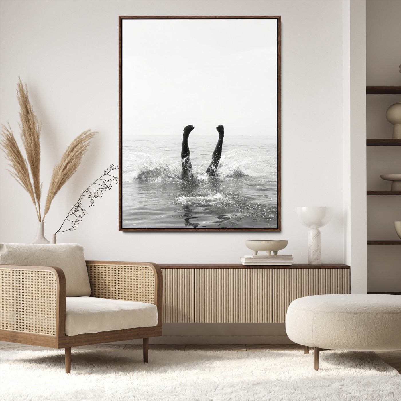 Black and white ocean art featuring a swimmer's legs mid-splash, perfect for minimalist, coastal, or monochrome modern interiors.