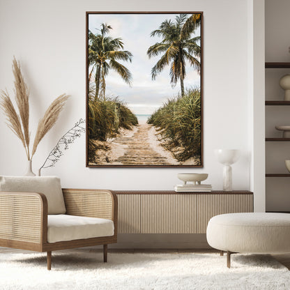 Canvas wall art of a tropical beach path with palm trees and dune grass, ideal for coastal entryways or tropical-inspired home decor.