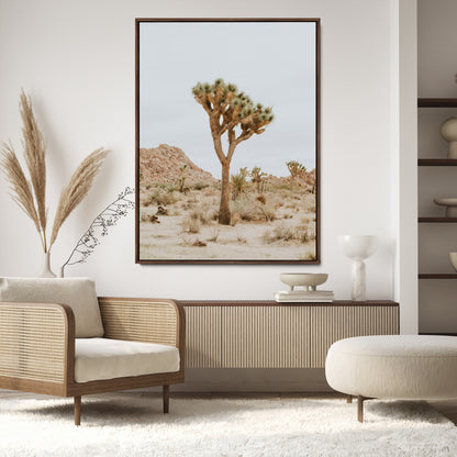 Canvas of a Joshua Tree in neutral desert tones under soft light, ideal for southwestern minimalist or rustic nature-inspired home decor.