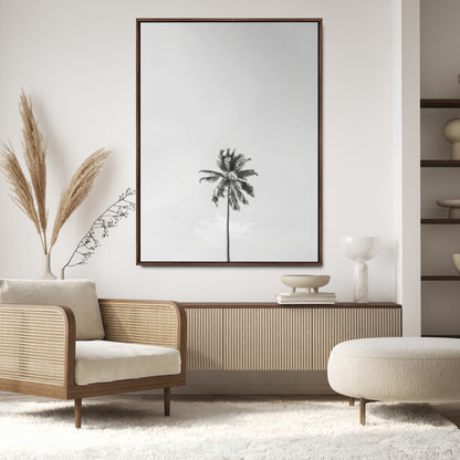 Canvas of a single palm tree in black and white with minimalist sky, ideal for modern coastal minimalist or tropical-inspired home decor.
