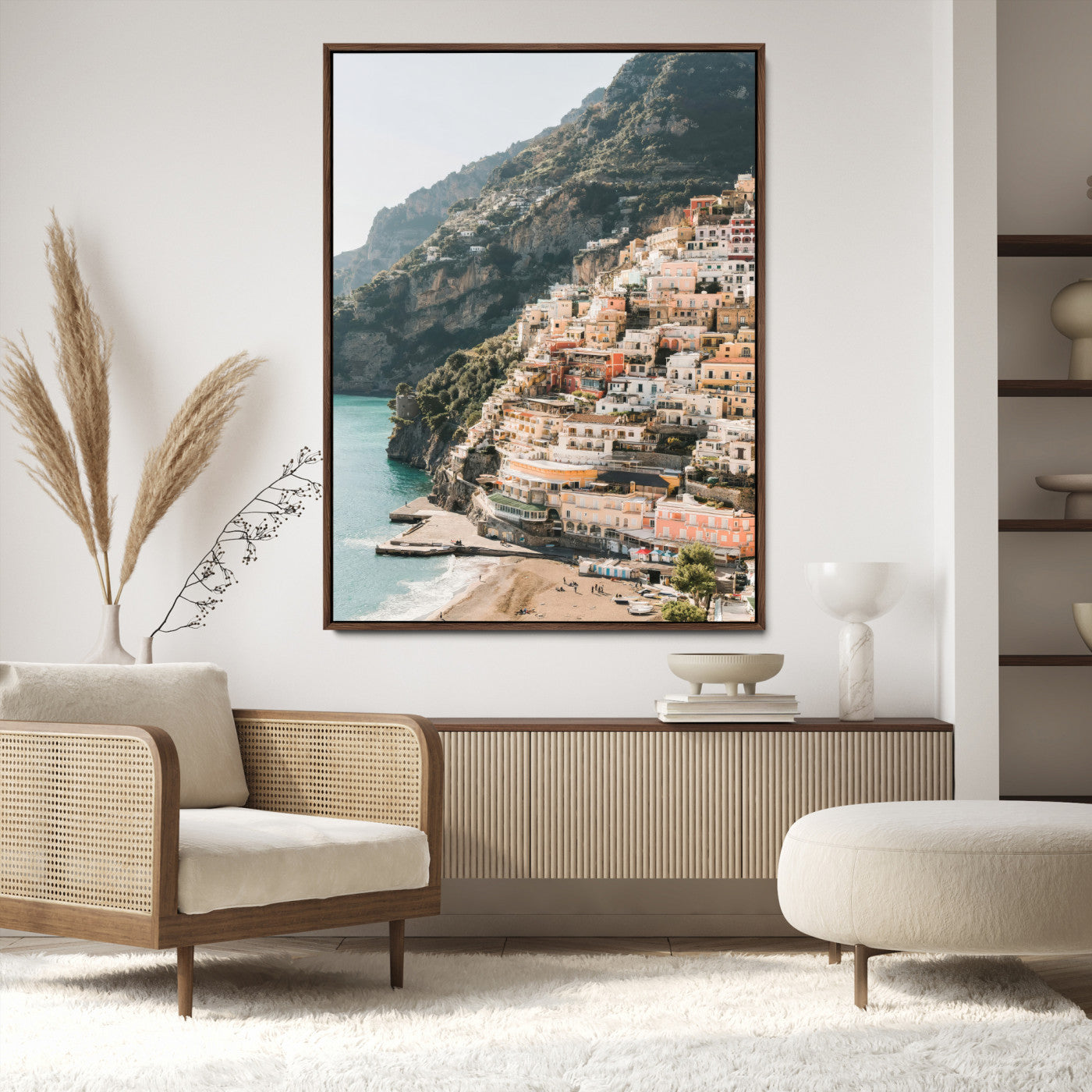 Canvas of colorful cliffside homes in Positano along the Amalfi Coast with warm tones, perfect for Mediterranean coastal or European-inspired home decor.
