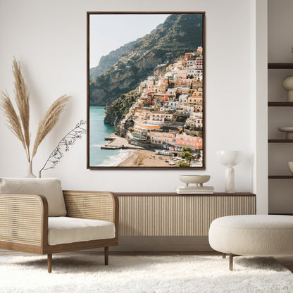 Canvas of colorful cliffside homes in Positano along the Amalfi Coast with warm tones, perfect for Mediterranean coastal or European-inspired home decor.