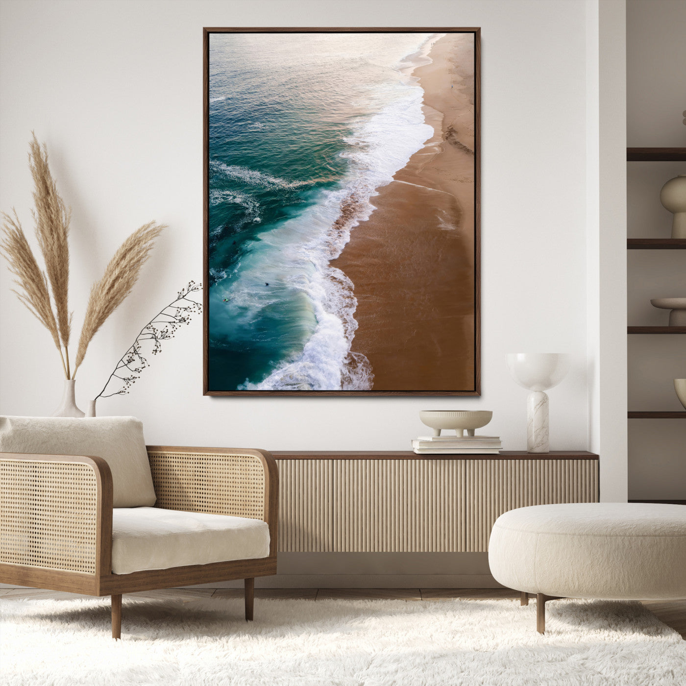 Canvas of a dreamy aerial beach scene with turquoise waves and soft sunset tones, ideal for modern coastal or minimalist home decor.