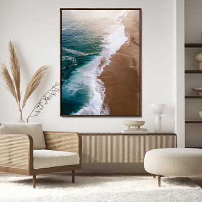 Canvas of a dreamy aerial beach scene with turquoise waves and soft sunset tones, ideal for modern coastal or minimalist home decor.
