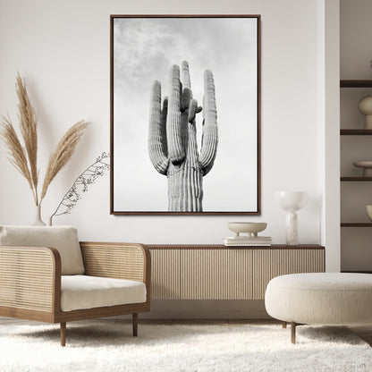 Canvas of a tall saguaro cactus in black and white with moody tones, perfect for southwestern minimalist or modern desert-themed home decor.