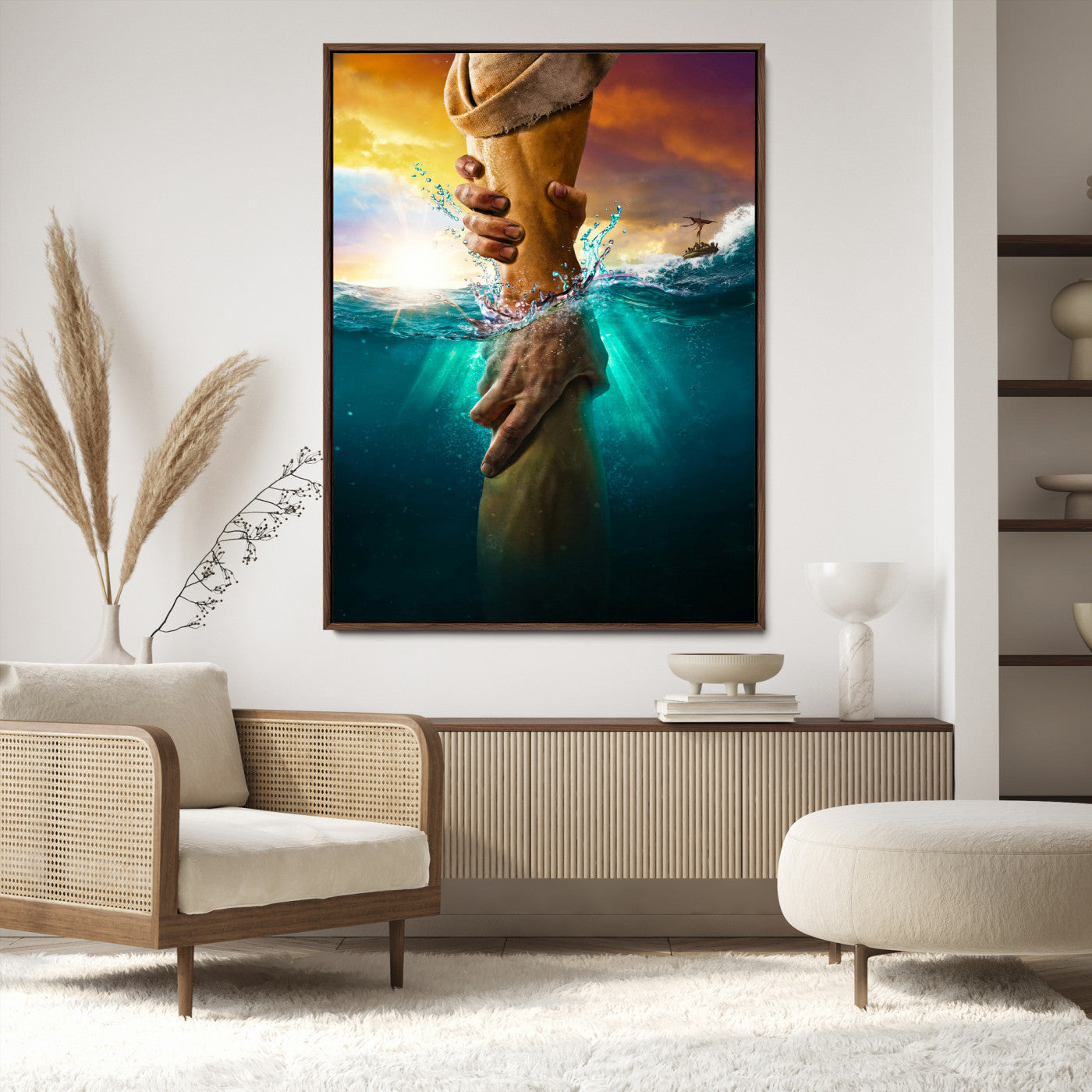 A dramatic scene of a hand reaching underwater and being lifted, symbolizing rescue and faith, ideal for spiritual or Christian wall decor.