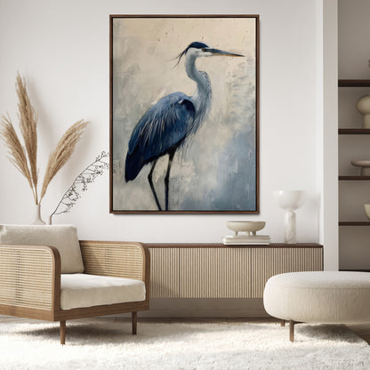 Blue heron standing gracefully on one leg, painted in soft neutrals and cool tones, perfect for modern coastal or nature-inspired decor.