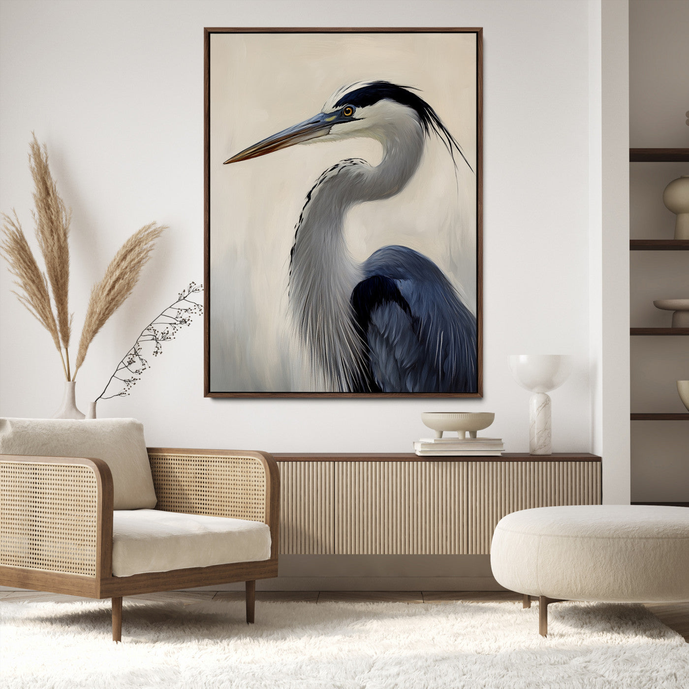 Single blue heron in profile with soft feathers and neutral tones, ideal for tranquil, coastal or nature-inspired interior settings.