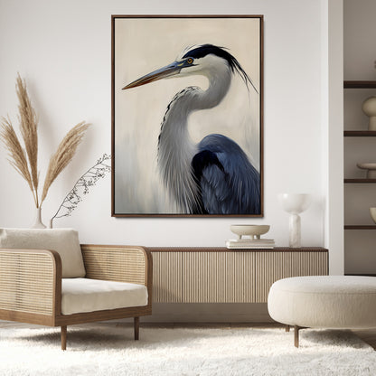 Single blue heron in profile with soft feathers and neutral tones, ideal for tranquil, coastal or nature-inspired interior settings.