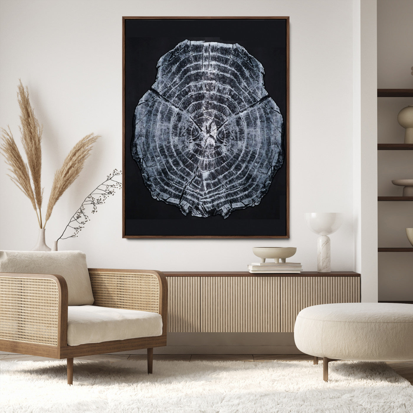Monochrome tree ring cross-section on black background, showing detailed growth lines, perfect for modern rustic or minimalist interiors. (