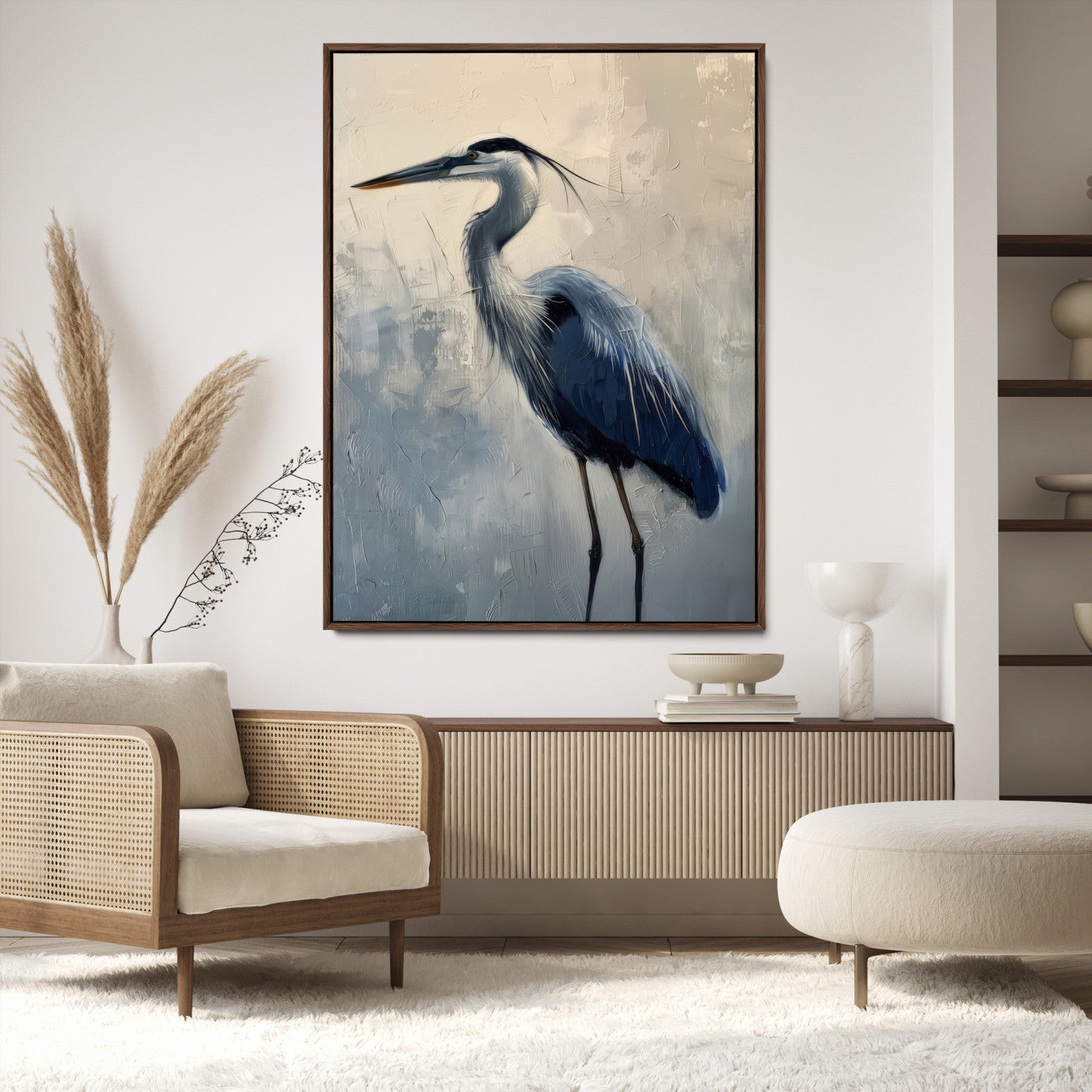 Elegant heron bird standing tall with soft brushstroke texture and muted tones, perfect for coastal or nature-themed home decor.