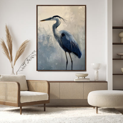 Elegant heron bird standing tall with soft brushstroke texture and muted tones, perfect for coastal or nature-themed home decor.
