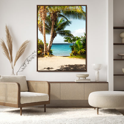 Tropical beach with palm trees, blue ocean, and clear sky, perfect for coastal or beach-themed wall decor in sunny living spaces.