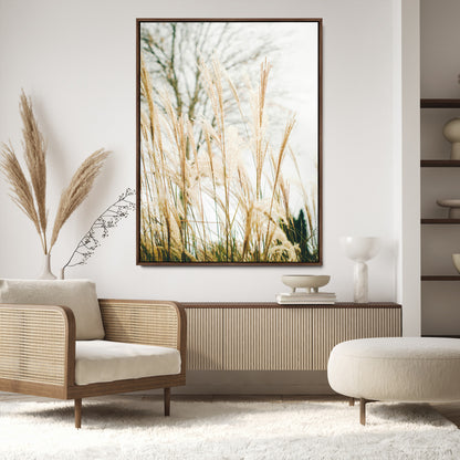 Soft beige pampas grass swaying in the breeze against a muted sky, creating a tranquil and minimalist botanical aesthetic.