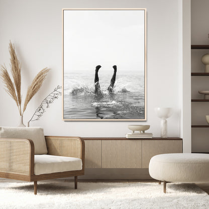 Black and white ocean art featuring a swimmer's legs mid-splash, perfect for minimalist, coastal, or monochrome modern interiors.