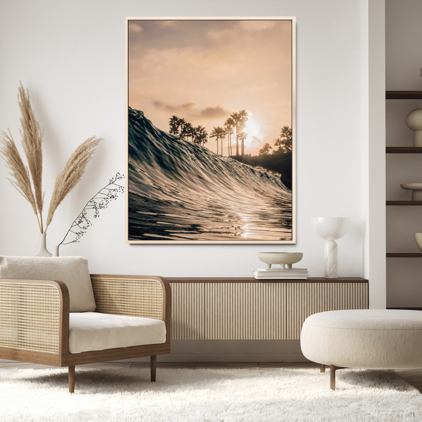 Golden sunset view of an ocean wave curling near palm trees, radiating warm tones perfect for coastal or tropical-themed decor.