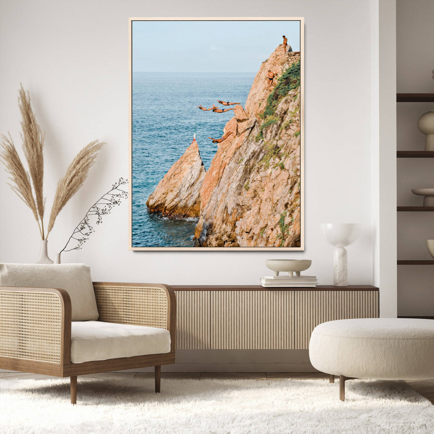 Canvas wall art capturing a bold cliff diving sequence into turquoise waters, perfect for vibrant and adventurous coastal or sporty interiors.