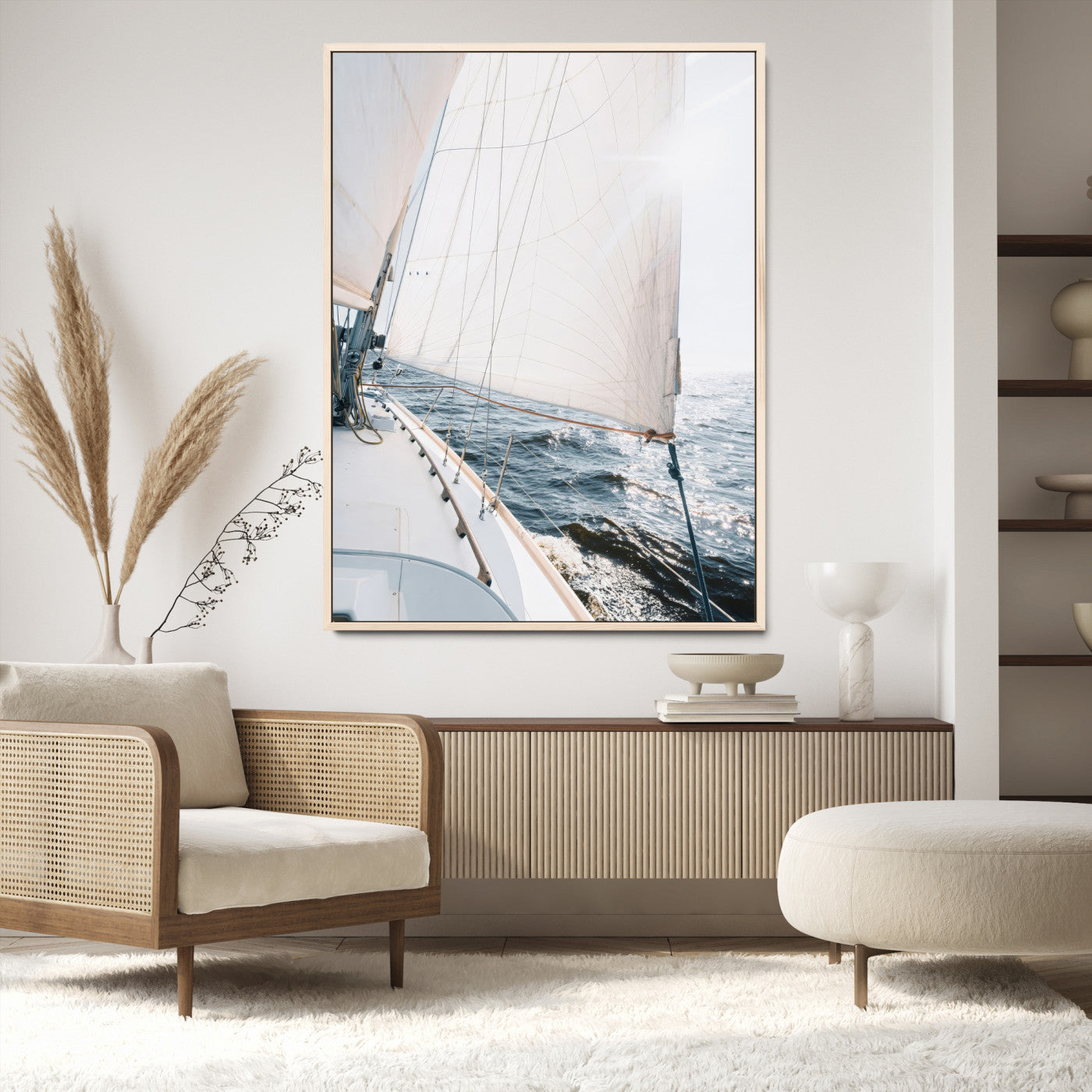 Canvas of a sailboat gliding on a sunlit ocean with white sails and sparkling water, ideal for coastal minimalist or nautical-style home decor.