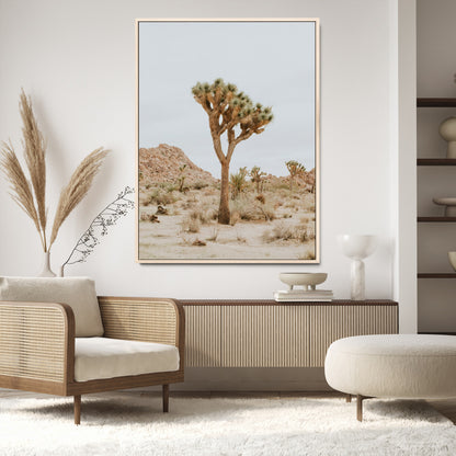 Canvas of a Joshua Tree in neutral desert tones under soft light, ideal for southwestern minimalist or rustic nature-inspired home decor.