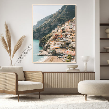 Canvas of colorful cliffside homes in Positano along the Amalfi Coast with warm tones, perfect for Mediterranean coastal or European-inspired home decor.