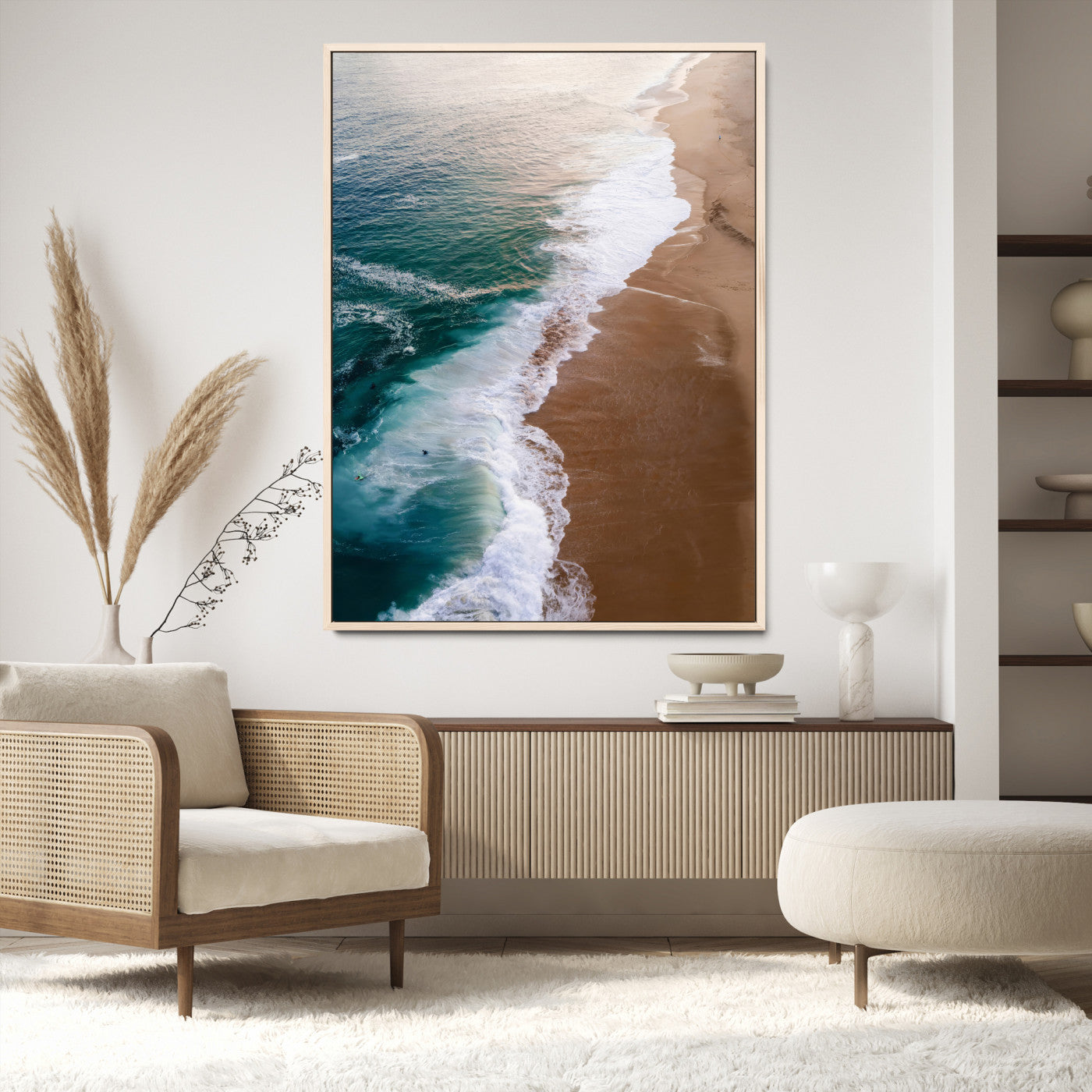 Canvas of a dreamy aerial beach scene with turquoise waves and soft sunset tones, ideal for modern coastal or minimalist home decor.