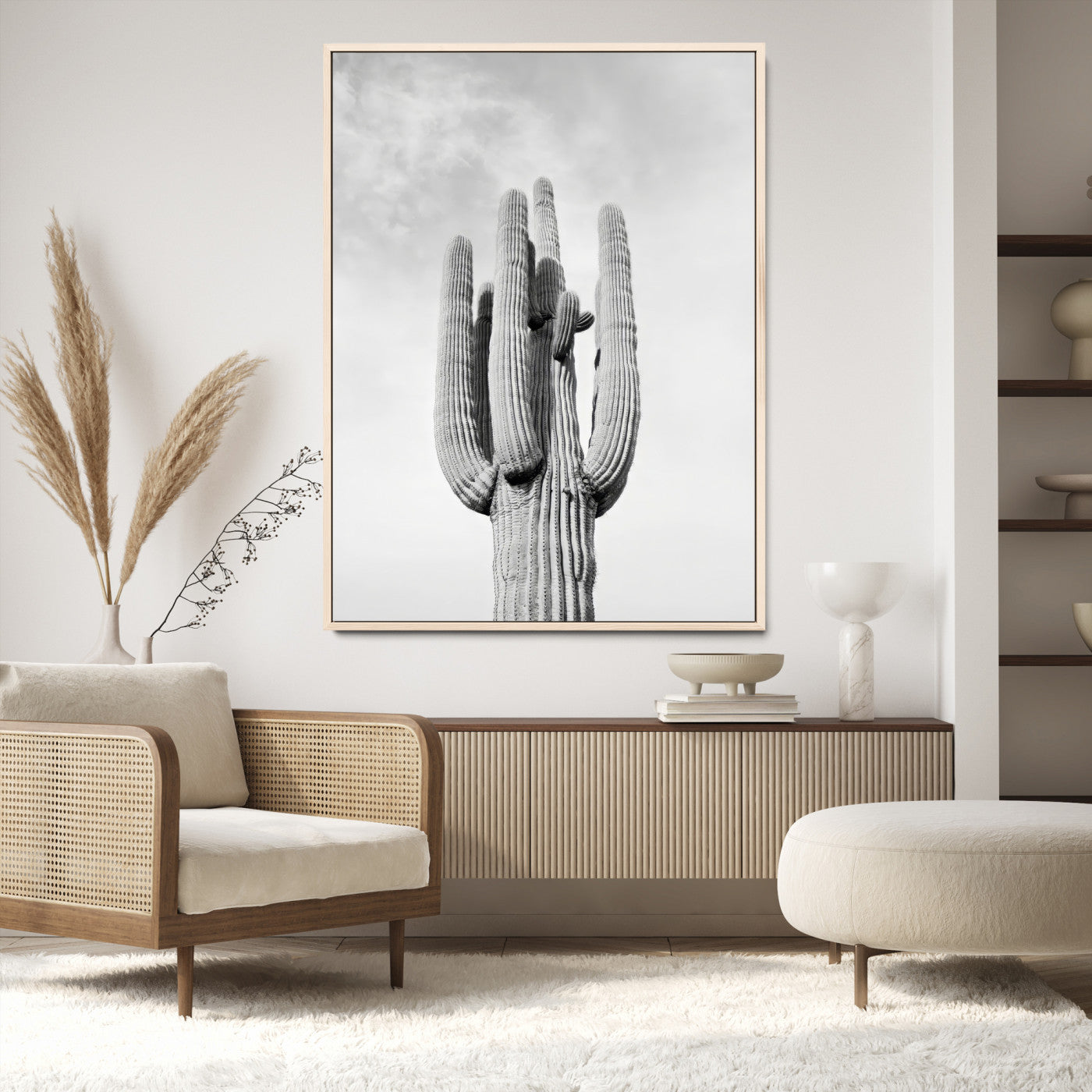 Canvas of a tall saguaro cactus in black and white with moody tones, perfect for southwestern minimalist or modern desert-themed home decor.