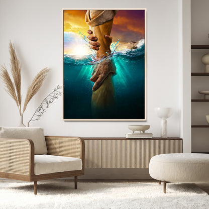 A dramatic scene of a hand reaching underwater and being lifted, symbolizing rescue and faith, ideal for spiritual or Christian wall decor.