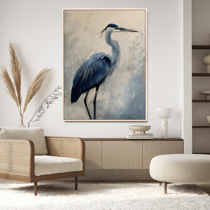 Blue heron standing gracefully on one leg, painted in soft neutrals and cool tones, perfect for modern coastal or nature-inspired decor.