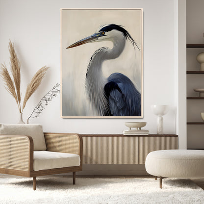 Single blue heron in profile with soft feathers and neutral tones, ideal for tranquil, coastal or nature-inspired interior settings.