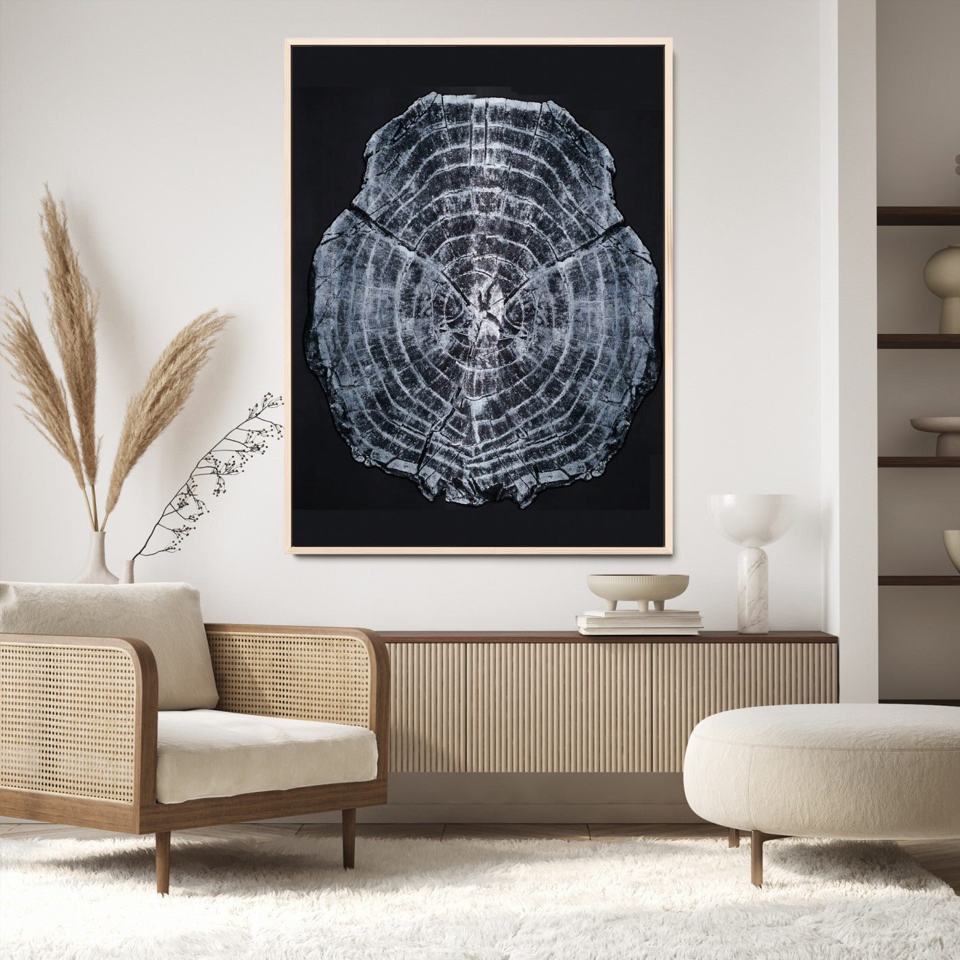 Monochrome tree ring cross-section on black background, showing detailed growth lines, perfect for modern rustic or minimalist interiors. (