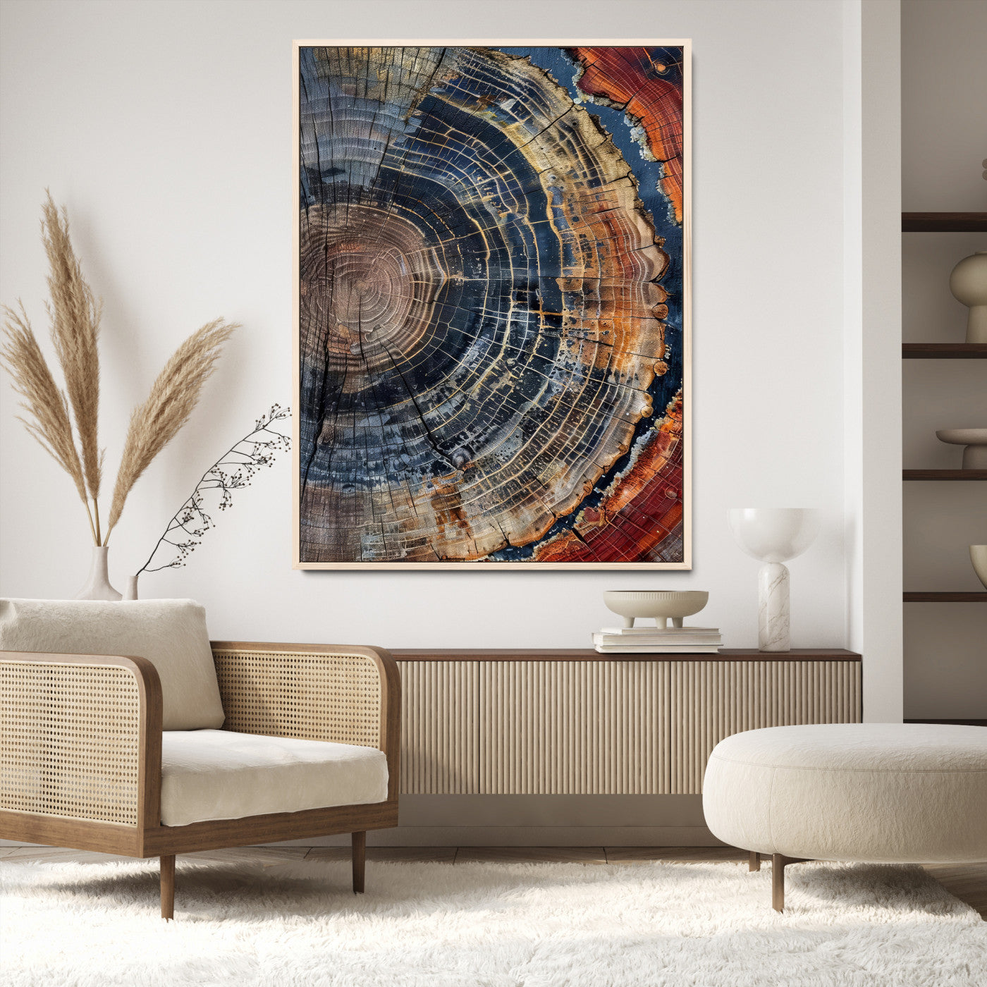 Close-up of a tree ring cross-section showing detailed growth rings in earthy tones, perfect for rustic or nature-inspired home decor.