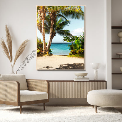 Tropical beach with palm trees, blue ocean, and clear sky, perfect for coastal or beach-themed wall decor in sunny living spaces.