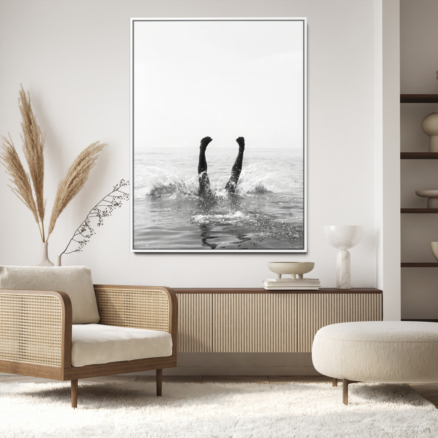 Black and white ocean art featuring a swimmer's legs mid-splash, perfect for minimalist, coastal, or monochrome modern interiors.