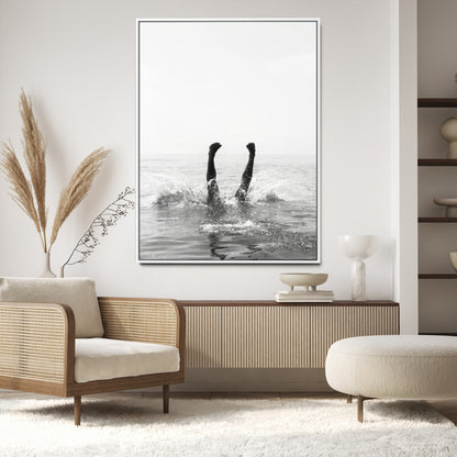 Black and white ocean art featuring a swimmer's legs mid-splash, perfect for minimalist, coastal, or monochrome modern interiors.
