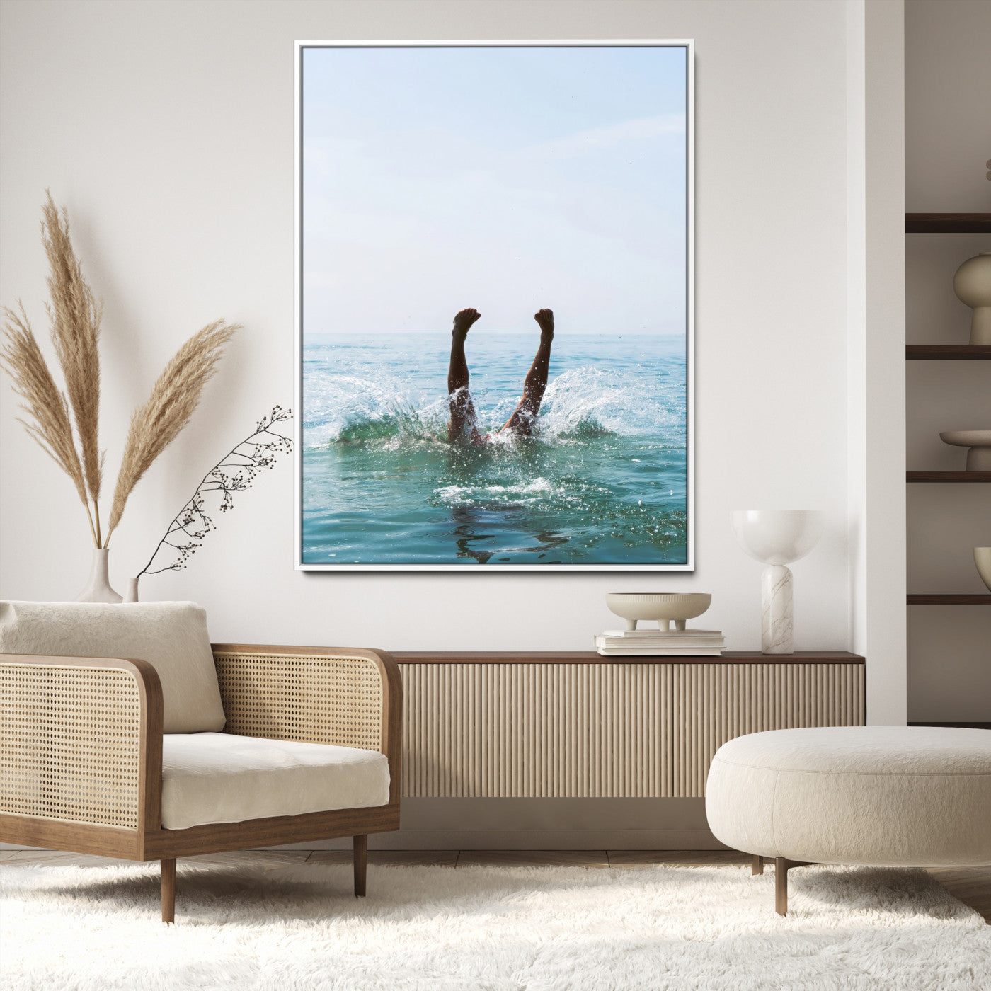 Vibrant ocean canvas of a playful diving splash, ideal for coastal or beach-themed interiors with a lively summer vibe.