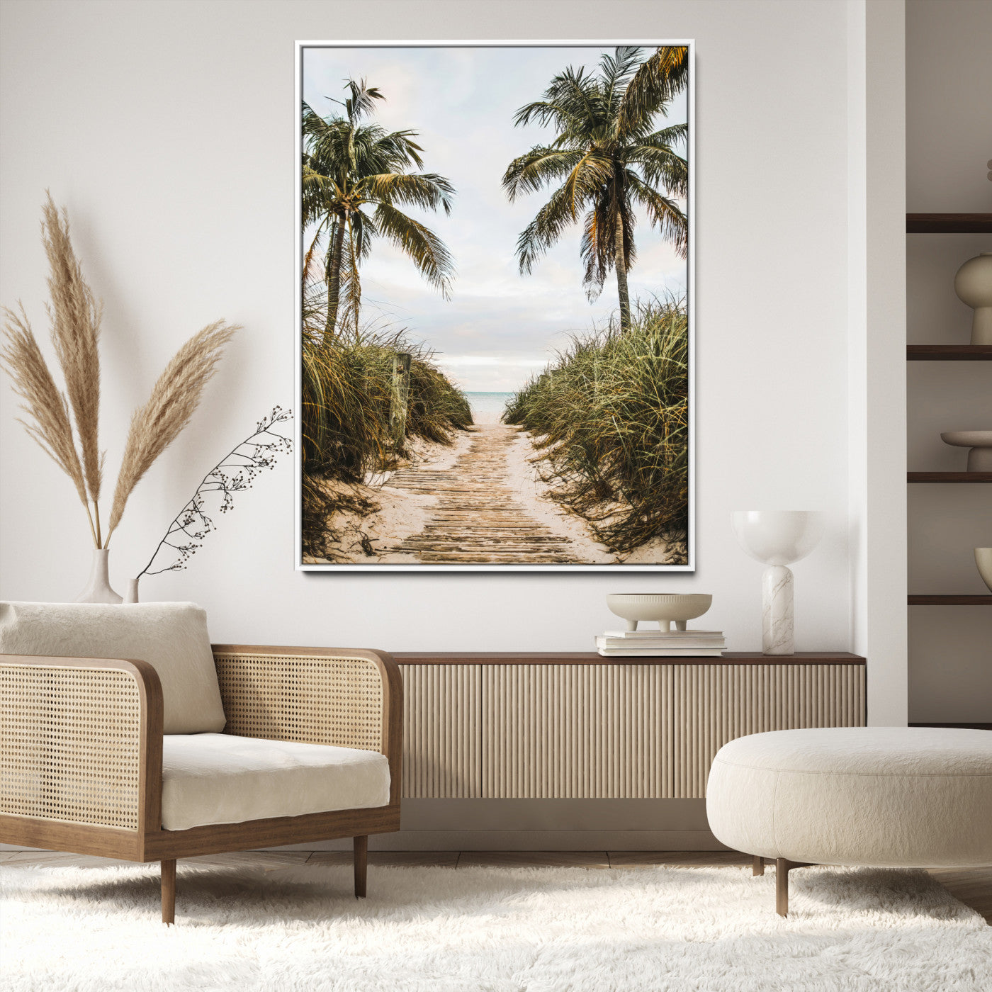 Canvas wall art of a tropical beach path with palm trees and dune grass, ideal for coastal entryways or tropical-inspired home decor.