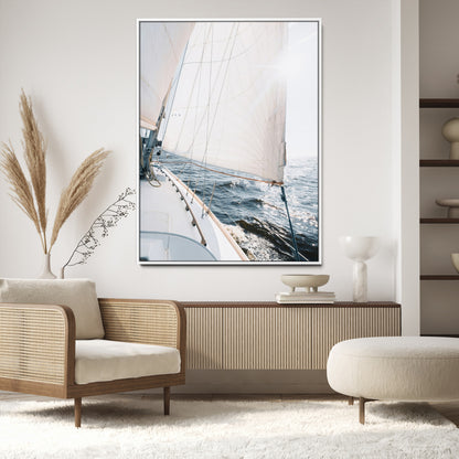 Canvas of a sailboat gliding on a sunlit ocean with white sails and sparkling water, ideal for coastal minimalist or nautical-style home decor.