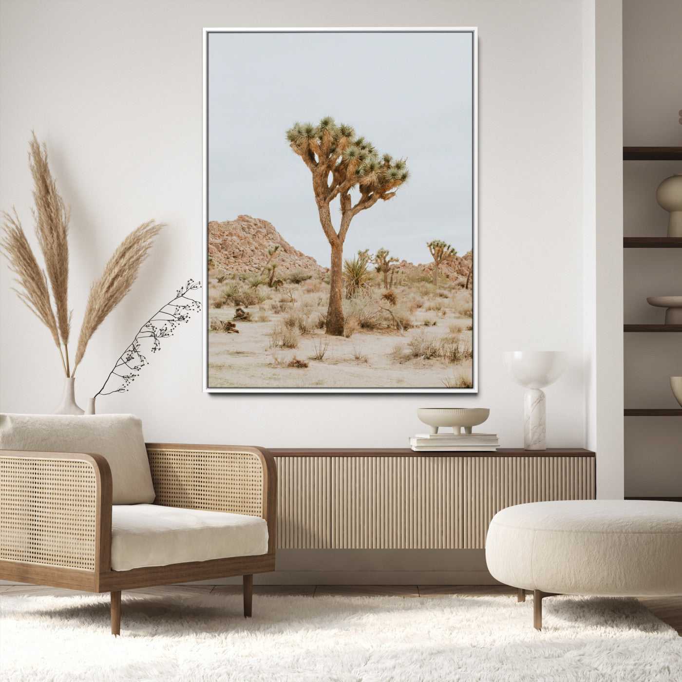 Canvas of a Joshua Tree in neutral desert tones under soft light, ideal for southwestern minimalist or rustic nature-inspired home decor.