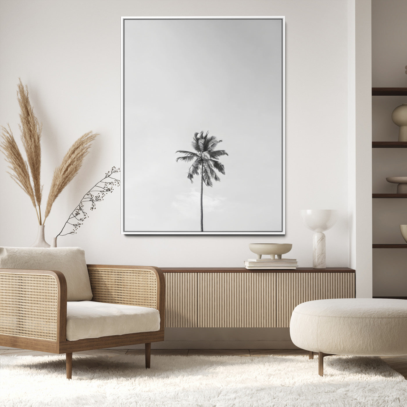 Canvas of a single palm tree in black and white with minimalist sky, ideal for modern coastal minimalist or tropical-inspired home decor.