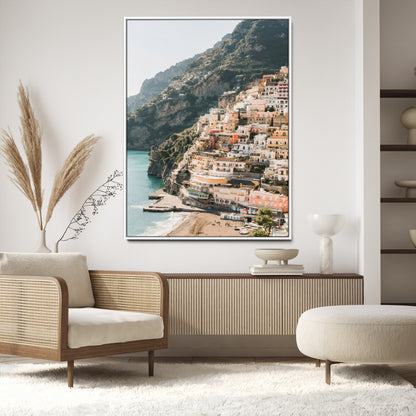 Canvas of colorful cliffside homes in Positano along the Amalfi Coast with warm tones, perfect for Mediterranean coastal or European-inspired home decor.