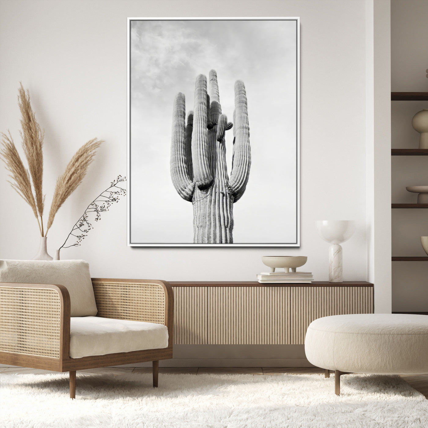 Canvas of a tall saguaro cactus in black and white with moody tones, perfect for southwestern minimalist or modern desert-themed home decor.