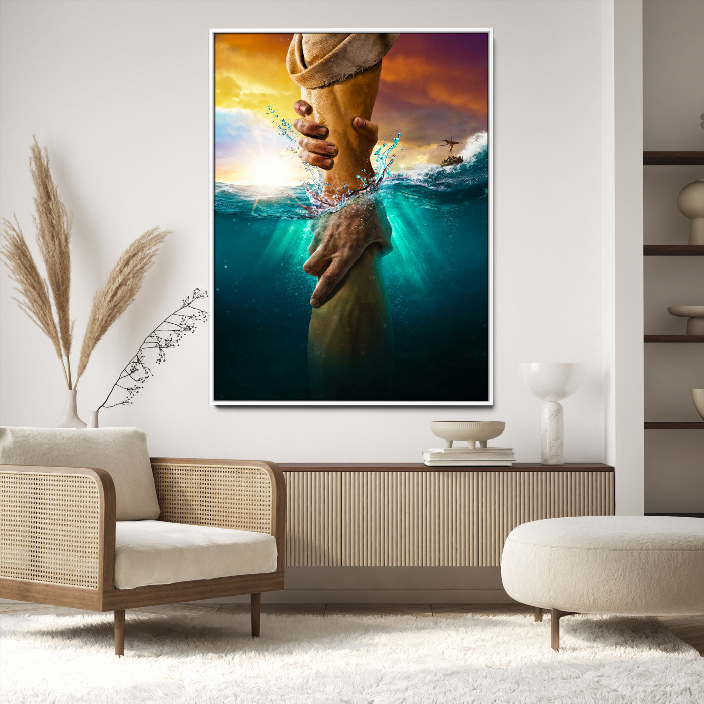 A dramatic scene of a hand reaching underwater and being lifted, symbolizing rescue and faith, ideal for spiritual or Christian wall decor.