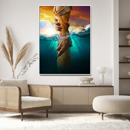 A dramatic scene of a hand reaching underwater and being lifted, symbolizing rescue and faith, ideal for spiritual or Christian wall decor.