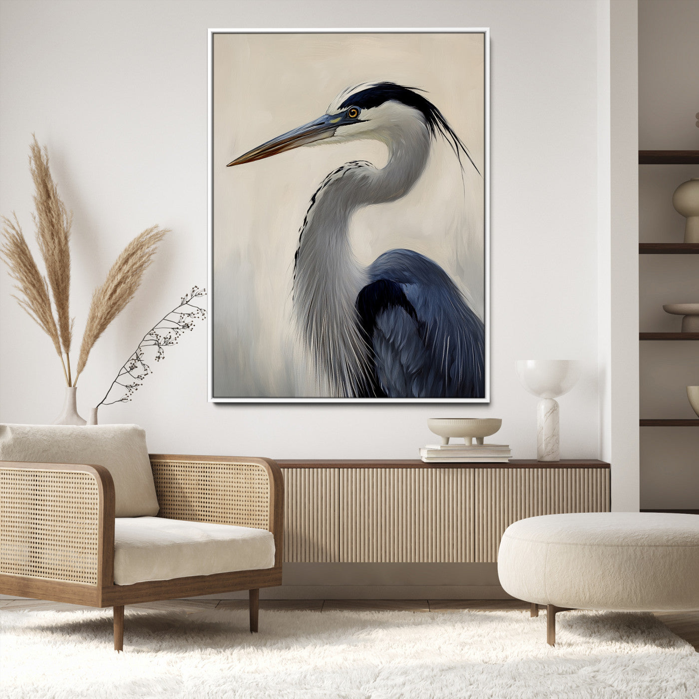 Single blue heron in profile with soft feathers and neutral tones, ideal for tranquil, coastal or nature-inspired interior settings.