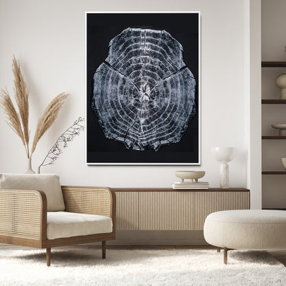 Monochrome tree ring cross-section on black background, showing detailed growth lines, perfect for modern rustic or minimalist interiors. (