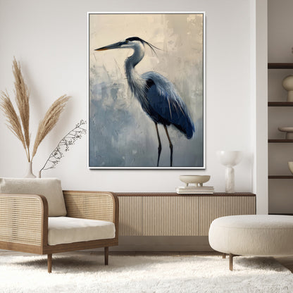 Elegant heron bird standing tall with soft brushstroke texture and muted tones, perfect for coastal or nature-themed home decor.