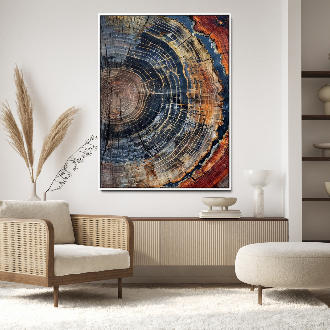 Close-up of a tree ring cross-section showing detailed growth rings in earthy tones, perfect for rustic or nature-inspired home decor.