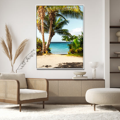 Tropical beach with palm trees, blue ocean, and clear sky, perfect for coastal or beach-themed wall decor in sunny living spaces.