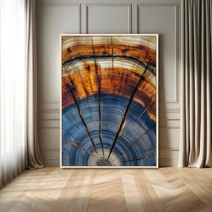 Canvas of a tree ring with bold blue and orange hues and cracked radial lines, ideal for rustic or earthy modern interiors.