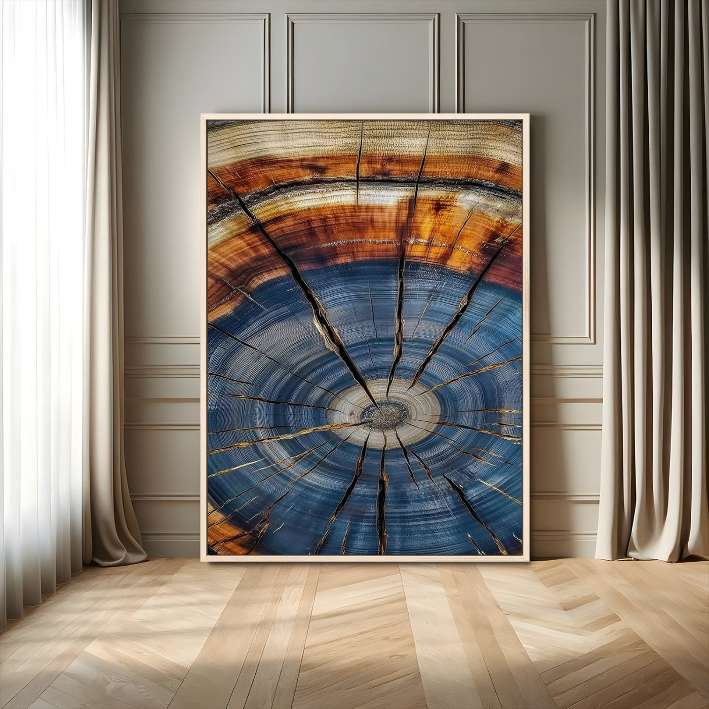 Canvas of a tree ring with bold blue and orange hues and cracked radial lines, ideal for rustic or earthy modern interiors.